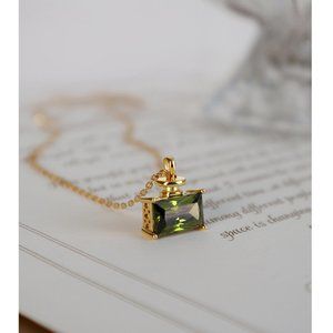 14k Gold Rectangular Malachite Cube Necklace, Unique Emerald Cube Necklace, Gift